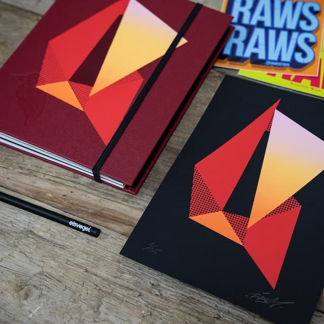 Deep red eisvøgel edition with a geometric screen-printed motif, shown beside the signed print it shipped with.