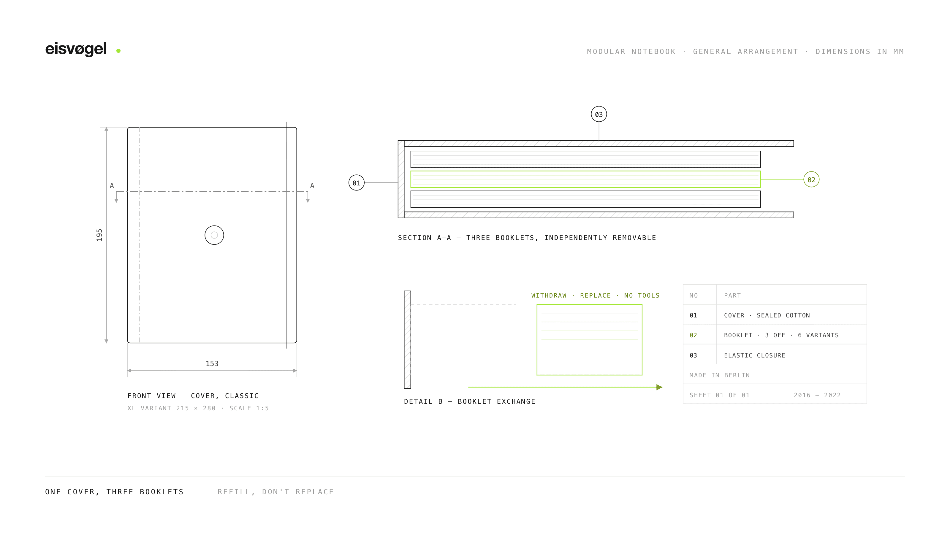 General arrangement drawing of the modular notebook: front view of the classic cover at 153 × 195 mm, section A–A showing three independently removable booklets, and a detail of the booklet exchange.